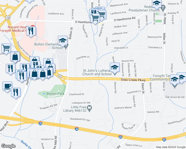 map of restaurants, bars, coffee shops, grocery stores, and more near 1359 Pinebluff Road in Winston-Salem
