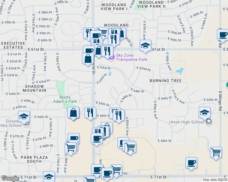 map of restaurants, bars, coffee shops, grocery stores, and more near 6377 South 85th East Avenue in Tulsa