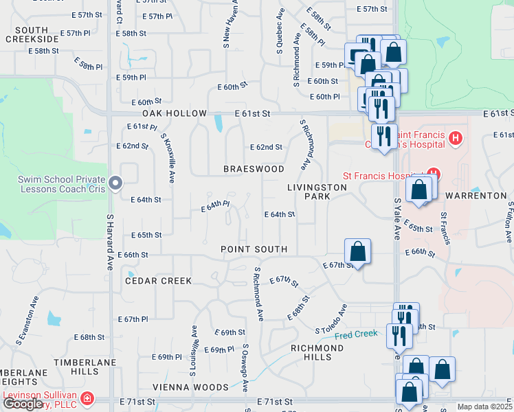 map of restaurants, bars, coffee shops, grocery stores, and more near 6334 South Pittsburg Avenue in Tulsa