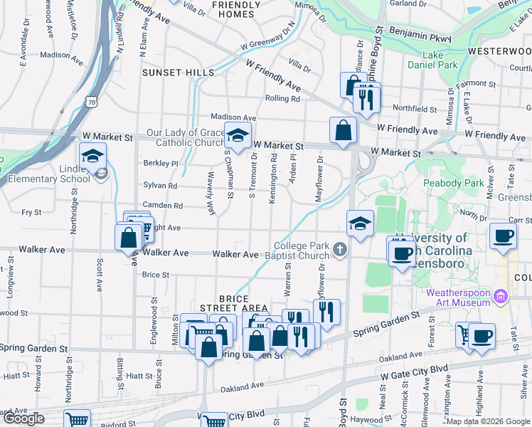 map of restaurants, bars, coffee shops, grocery stores, and more near 219 Kensington Road in Greensboro