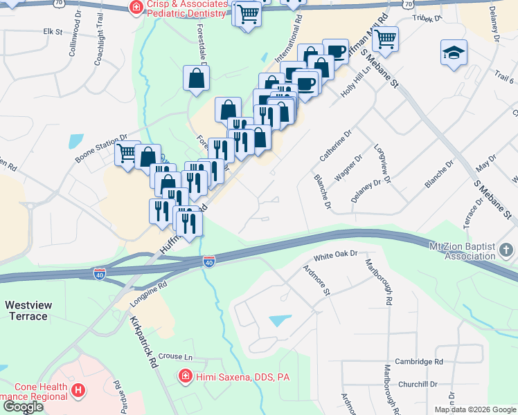map of restaurants, bars, coffee shops, grocery stores, and more near 706 Huffman Mill Road in Burlington