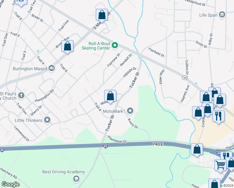 map of restaurants, bars, coffee shops, grocery stores, and more near 1969 Hilldale Drive in Burlington