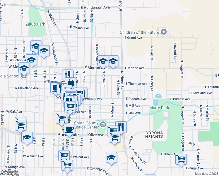map of restaurants, bars, coffee shops, grocery stores, and more near 276 North Murry Street in Porterville