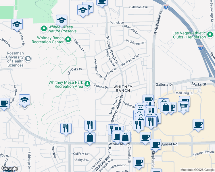 map of restaurants, bars, coffee shops, grocery stores, and more near 801 Rising Star Drive in Henderson