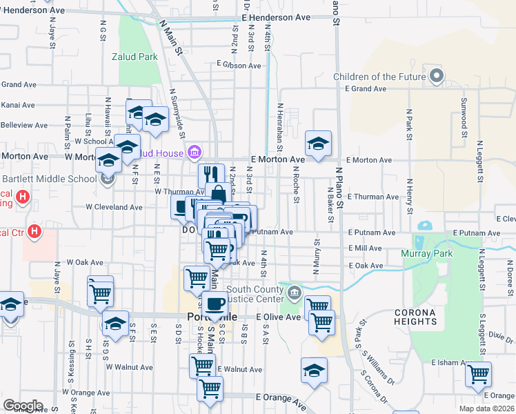 map of restaurants, bars, coffee shops, grocery stores, and more near 130 North 4th Street in Porterville