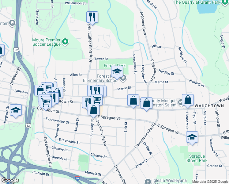 map of restaurants, bars, coffee shops, grocery stores, and more near 1102 Marne Street in Winston-Salem