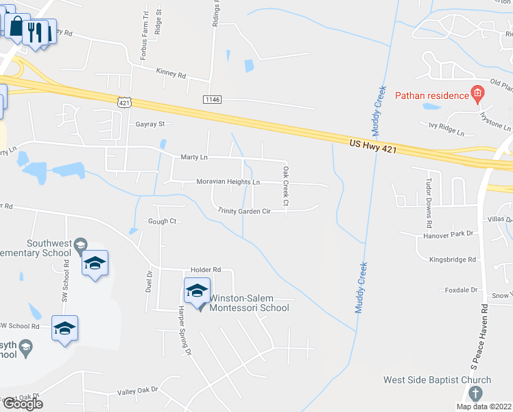 map of restaurants, bars, coffee shops, grocery stores, and more near 1545 Trinity Garden Circle in Clemmons