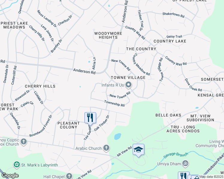 map of restaurants, bars, coffee shops, grocery stores, and more near 408 South Towne Court in Nashville