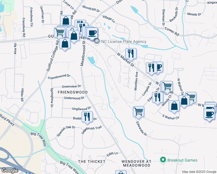 map of restaurants, bars, coffee shops, grocery stores, and more near 5505 Richland Street in Greensboro