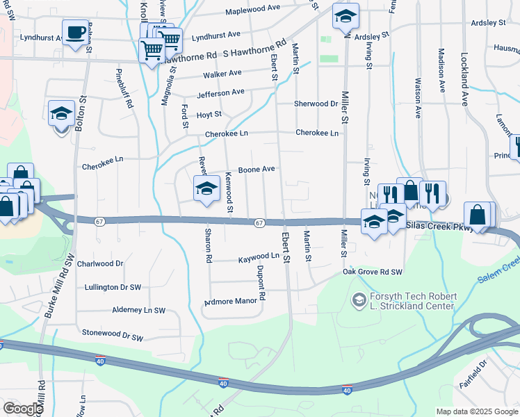 map of restaurants, bars, coffee shops, grocery stores, and more near 1448 Capri Road Southwest in Winston-Salem