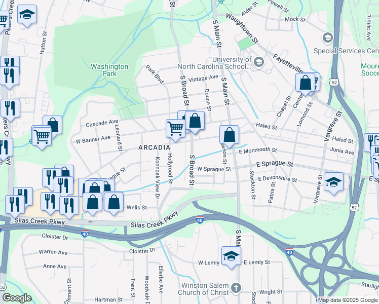 map of restaurants, bars, coffee shops, grocery stores, and more near 2118 South Broad Street in Winston-Salem