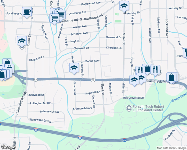 map of restaurants, bars, coffee shops, grocery stores, and more near 1448 Capri Road Southwest in Winston-Salem