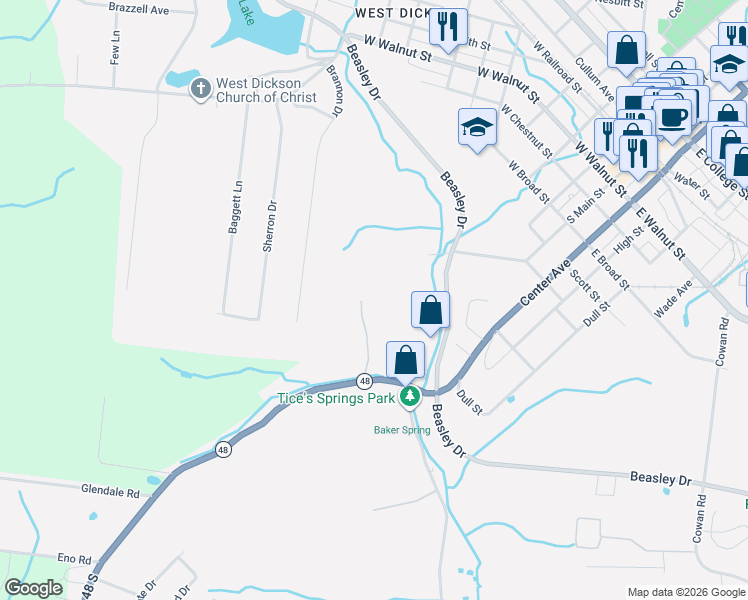 map of restaurants, bars, coffee shops, grocery stores, and more near 714 State Highway 48 in Dickson