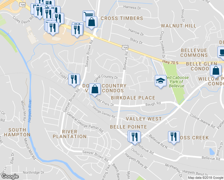 map of restaurants, bars, coffee shops, grocery stores, and more near 815 Williamsburg West Drive in Nashville