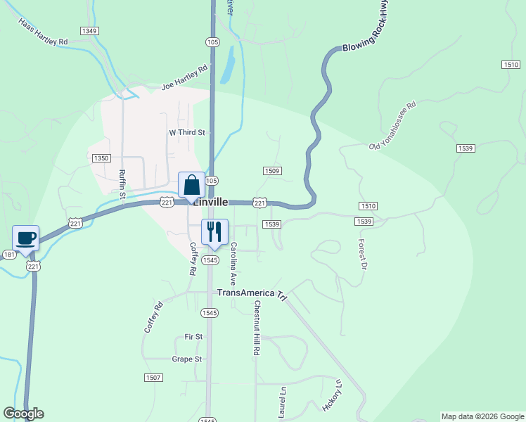 map of restaurants, bars, coffee shops, grocery stores, and more near 280 Watauga Avenue in Linville