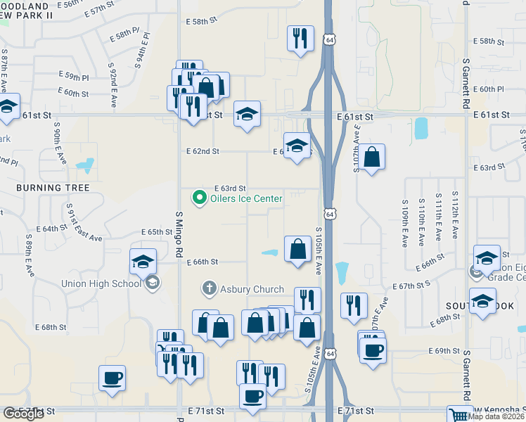 map of restaurants, bars, coffee shops, grocery stores, and more near 10111 East 64th Street in Tulsa