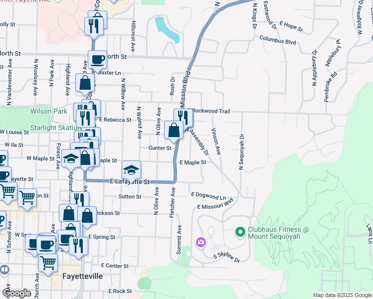 map of restaurants, bars, coffee shops, grocery stores, and more near 517 Fallin Avenue in Fayetteville