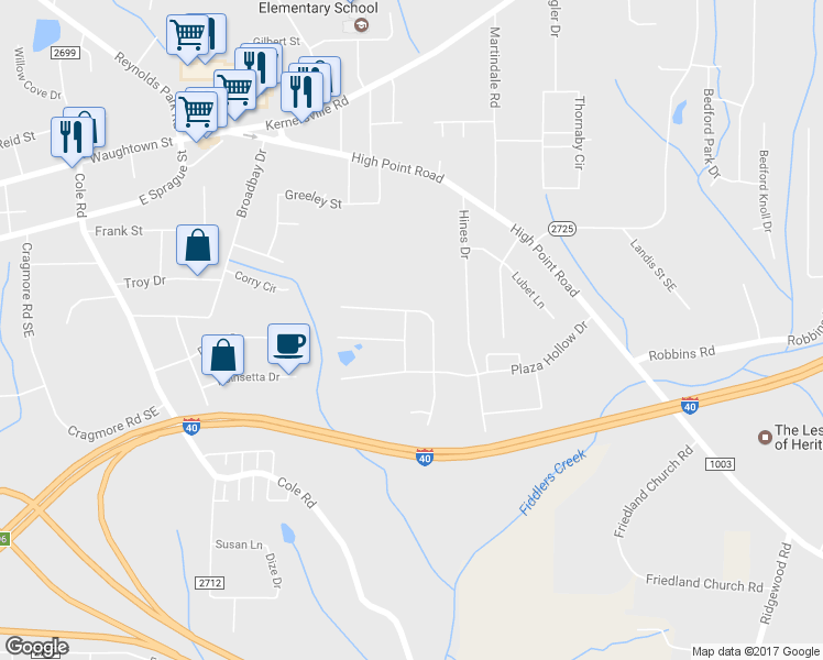 map of restaurants, bars, coffee shops, grocery stores, and more near 3223 Ridge Hollow Drive in Winston-Salem