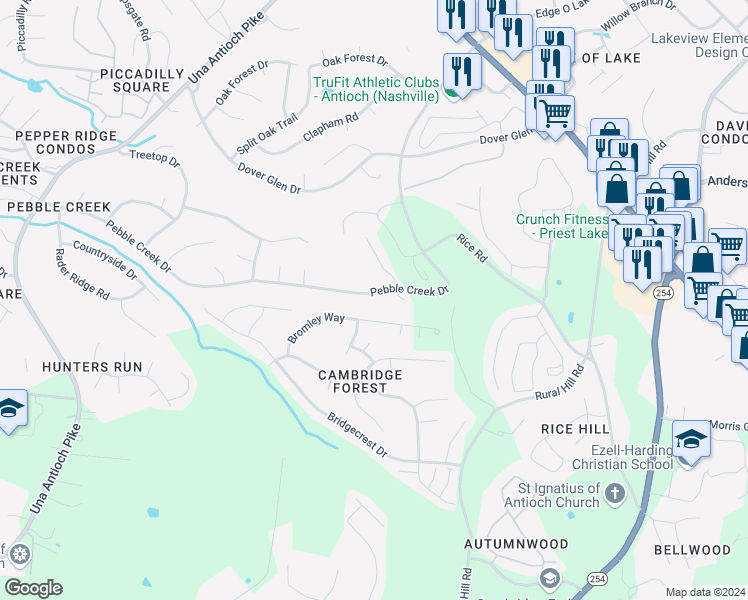 map of restaurants, bars, coffee shops, grocery stores, and more near 5188 Pebble Creek Drive in Nashville