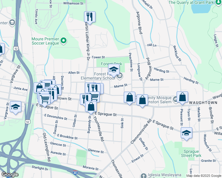map of restaurants, bars, coffee shops, grocery stores, and more near 1102 Marne Street in Winston-Salem
