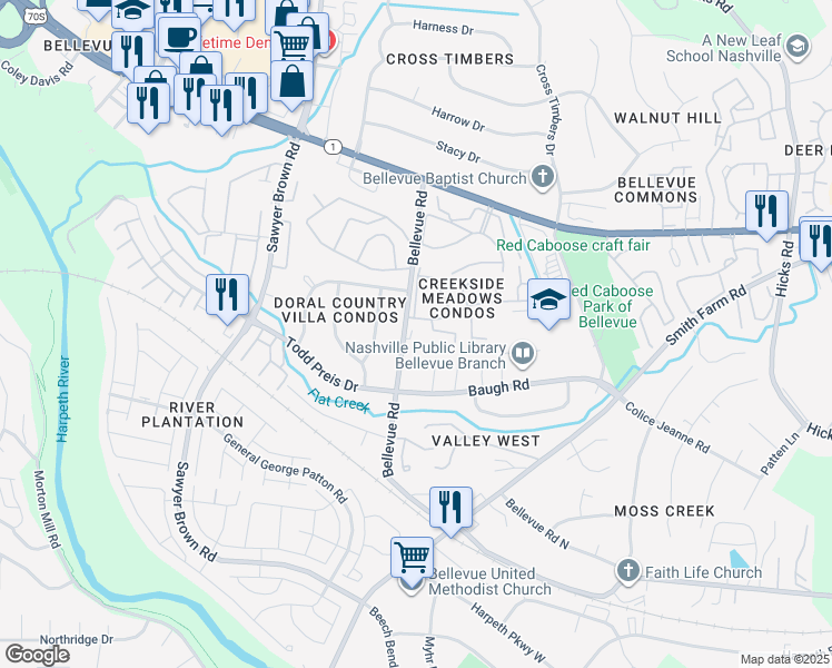 map of restaurants, bars, coffee shops, grocery stores, and more near 7424 Birkdale Place in Nashville