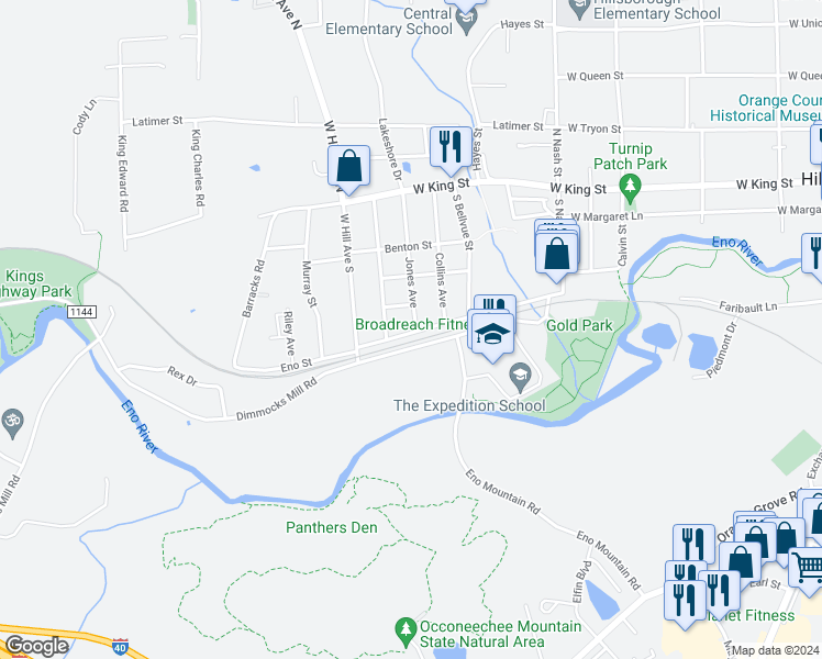 map of restaurants, bars, coffee shops, grocery stores, and more near 410 Jones Avenue in Hillsborough