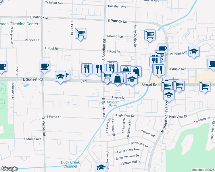 map of restaurants, bars, coffee shops, grocery stores, and more near 3827 East Sunset Road in Las Vegas