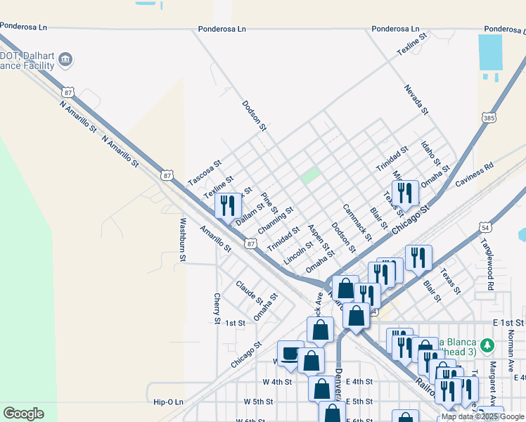 map of restaurants, bars, coffee shops, grocery stores, and more near 714 Dallam Street in Dalhart