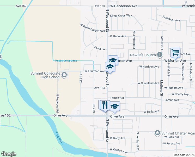 map of restaurants, bars, coffee shops, grocery stores, and more near 15450-15460 Road 223 in Porterville