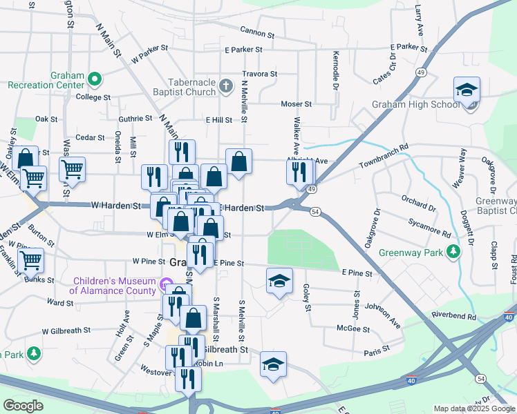 map of restaurants, bars, coffee shops, grocery stores, and more near 305 East Harden Street in Graham