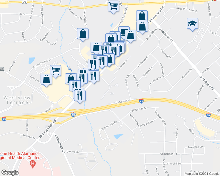 map of restaurants, bars, coffee shops, grocery stores, and more near 706 Huffman Mill Road in Burlington