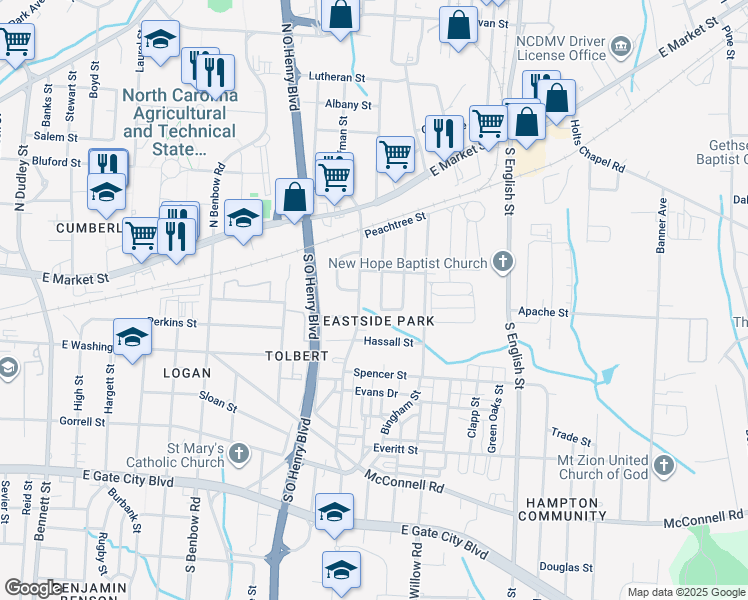 map of restaurants, bars, coffee shops, grocery stores, and more near 308 York Street in Greensboro