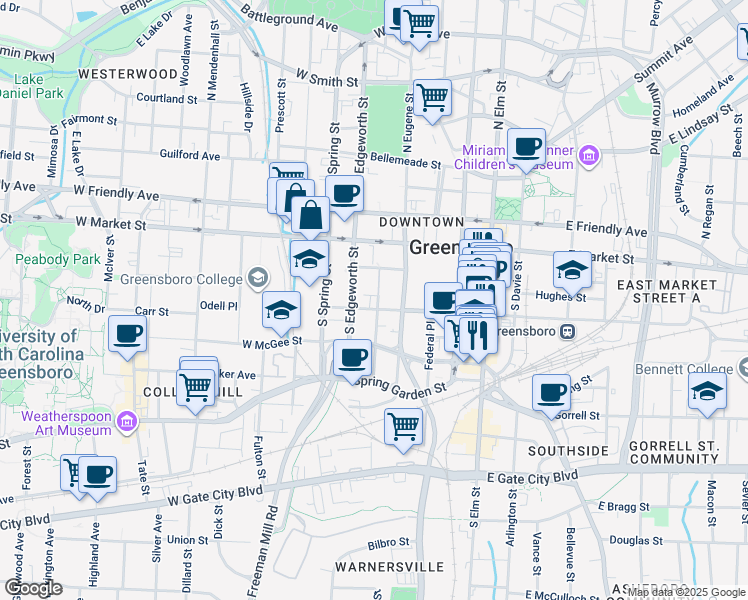 map of restaurants, bars, coffee shops, grocery stores, and more near 416 West Washington Street in Greensboro