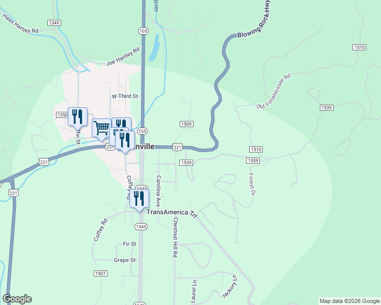 map of restaurants, bars, coffee shops, grocery stores, and more near 280 Watauga Avenue in Linville