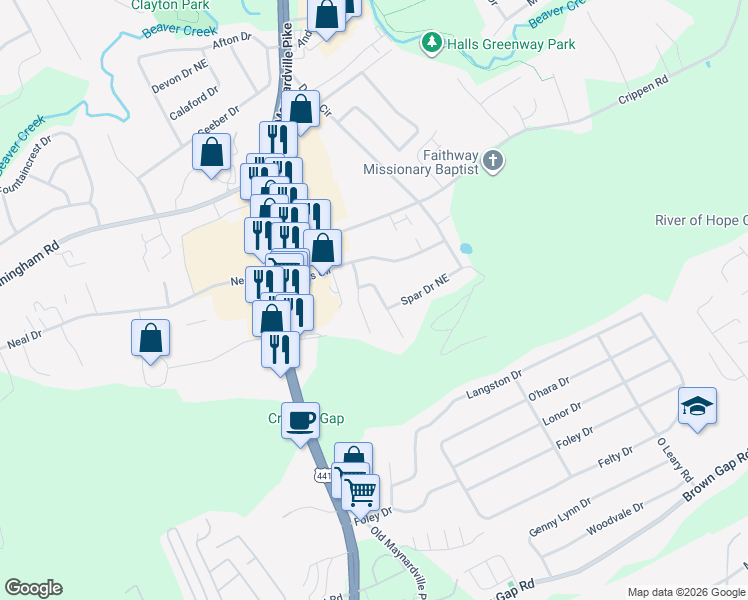 map of restaurants, bars, coffee shops, grocery stores, and more near 6809 Adrian Road in Knoxville