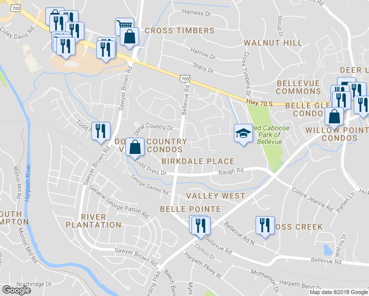 map of restaurants, bars, coffee shops, grocery stores, and more near 810 Bellevue Road in Nashville