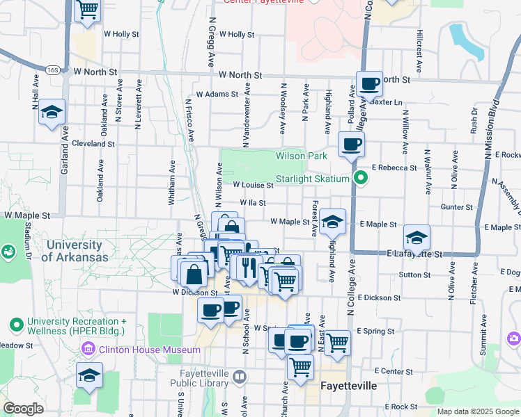 map of restaurants, bars, coffee shops, grocery stores, and more near 328 West Maple Street in Fayetteville