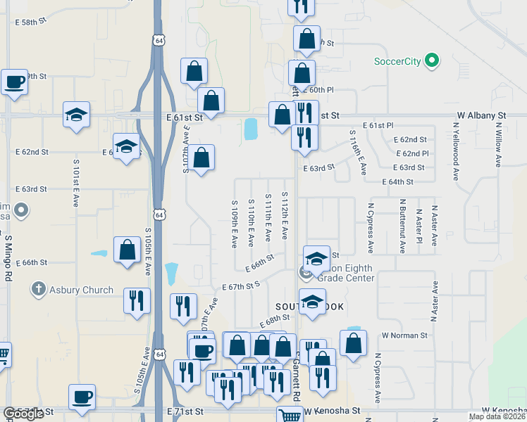map of restaurants, bars, coffee shops, grocery stores, and more near 6422 South 111th East Avenue in Tulsa