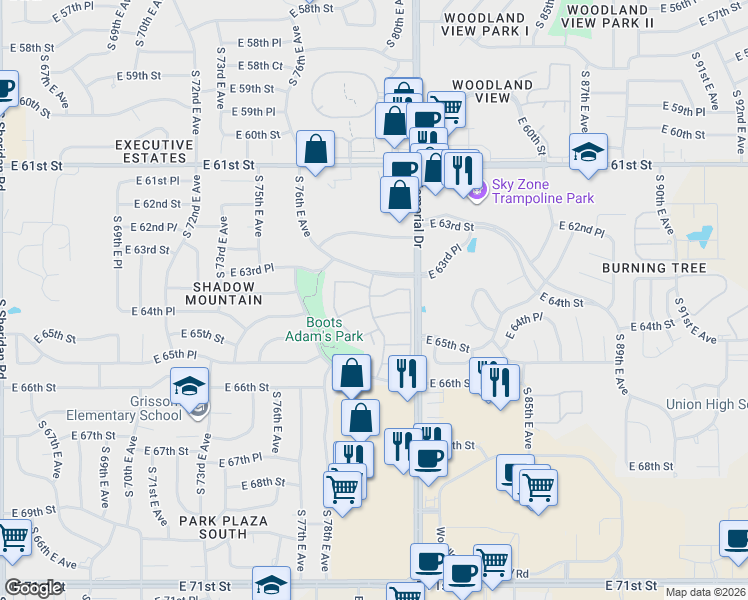 map of restaurants, bars, coffee shops, grocery stores, and more near 6360 South 80th East Avenue in Tulsa