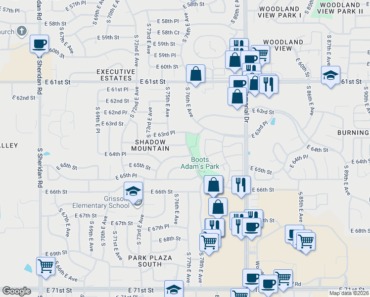 map of restaurants, bars, coffee shops, grocery stores, and more near 7521 East 64th Place in Tulsa