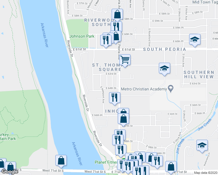 map of restaurants, bars, coffee shops, grocery stores, and more near 1114 East 64th Street in Tulsa