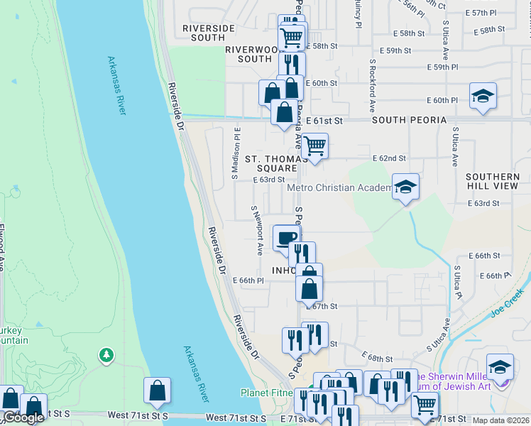 map of restaurants, bars, coffee shops, grocery stores, and more near 1114 East 64th Street in Tulsa
