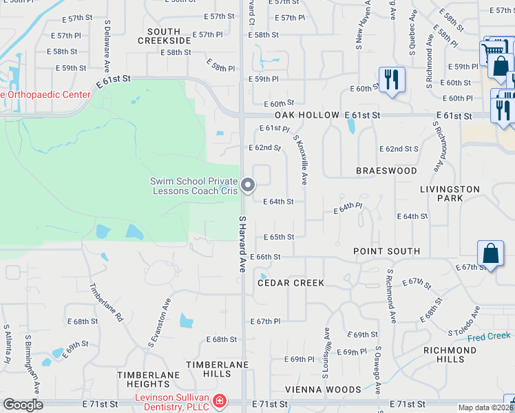 map of restaurants, bars, coffee shops, grocery stores, and more near 3420 East 64th Street in Tulsa