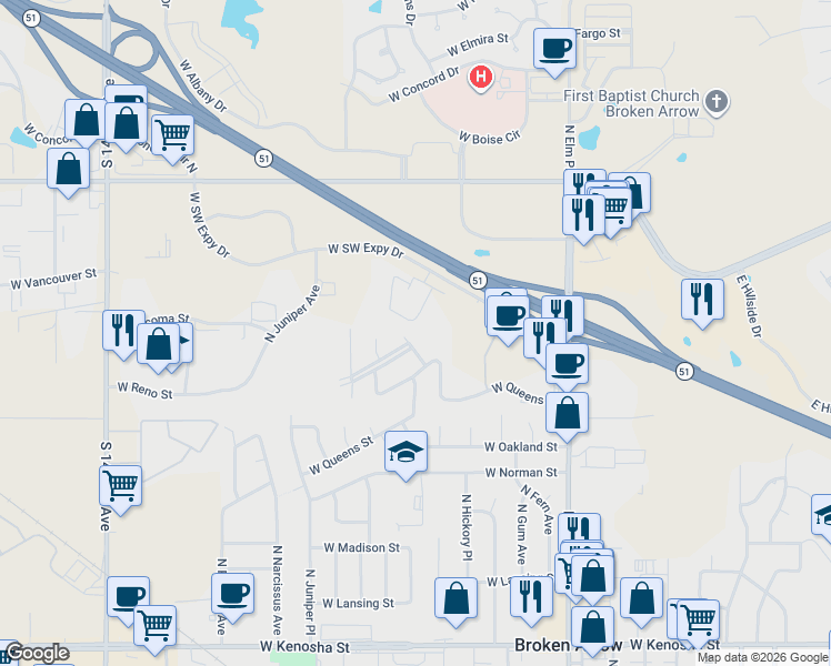 map of restaurants, bars, coffee shops, grocery stores, and more near 1801 North Hickory Place in Broken Arrow