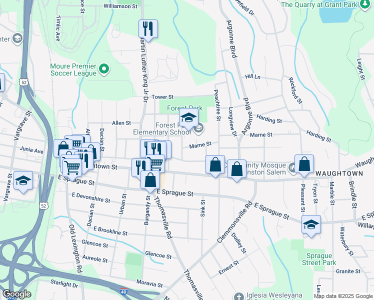 map of restaurants, bars, coffee shops, grocery stores, and more near 1108 Marne Street in Winston-Salem