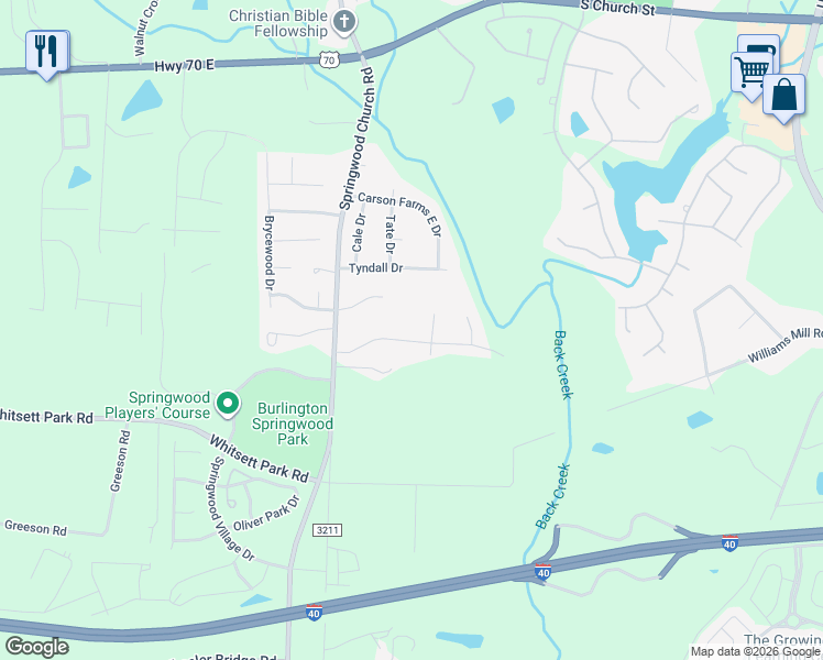 map of restaurants, bars, coffee shops, grocery stores, and more near 1325 Crystal Skye Court in Burlington