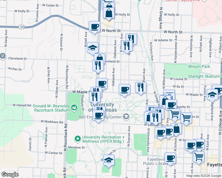 map of restaurants, bars, coffee shops, grocery stores, and more near 1634 Martin Luther King Junior Boulevard in Fayetteville