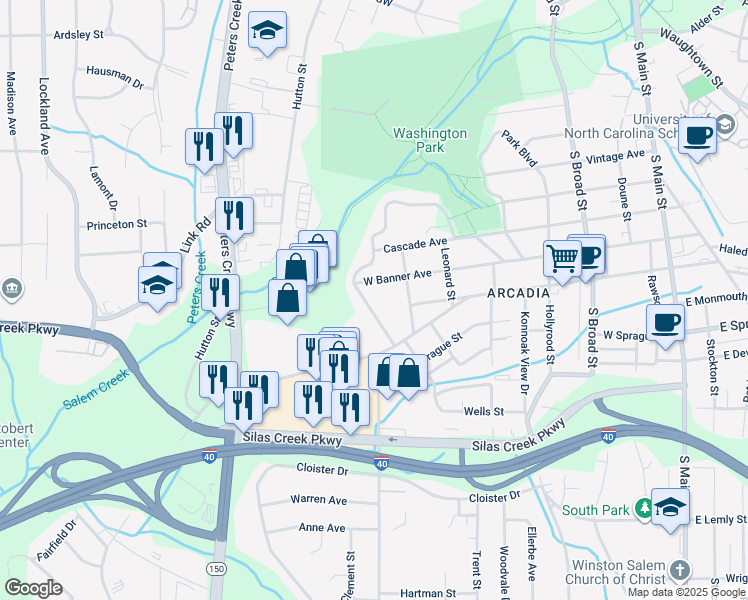 map of restaurants, bars, coffee shops, grocery stores, and more near 520 Park Boulevard in Winston-Salem