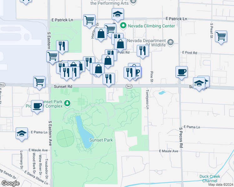 map of restaurants, bars, coffee shops, grocery stores, and more near 3015 E Sunset Rd in Las Vegas