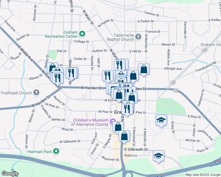 map of restaurants, bars, coffee shops, grocery stores, and more near 200 West Harden Street in Graham